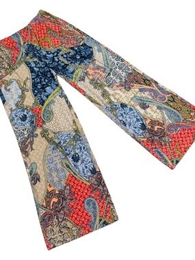 Chico's Wide Leg Paisley Patchwork Print Pants in Red, Blue, Tan, Cream